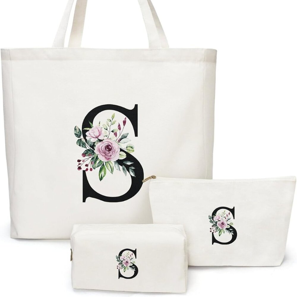 3-Piece Canvas Tote Bag with 2 Makeup Bags -10.6" x 3" x 6" & 7" x 2.5" x 4"